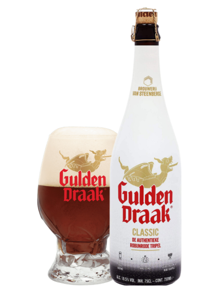 75cl bottle of GULDEN DRAAK brand beer - CLASSIC with glass, Belgian Strong Dark Ale style
