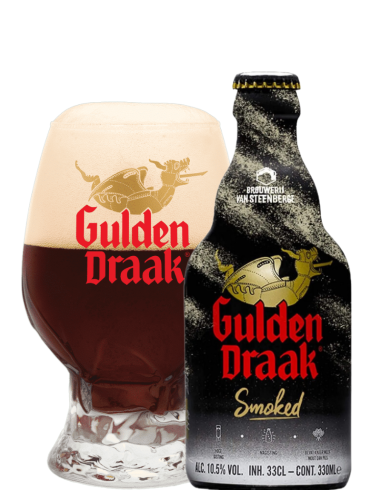 botella 33cl de cerveza de marca GULDEN DRAAK - SMOKED con copa, estilo Rauchbier