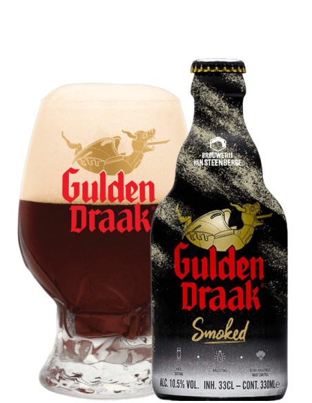 garrafa de 33cl de cerveja da marca GULDEN DRAAK - SMOKED com copo, estilo Rauchbier