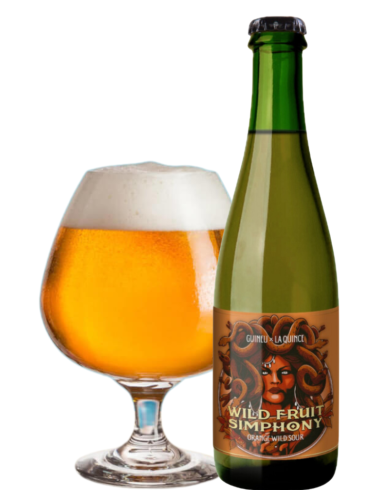 botella 37,5cl de cerveza de marca LA QUINCE & GUINEU - WILD FRUIT SIMPHONY con copa, estilo Orange Wild Sour
