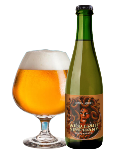 botella 37,5cl de cerveza de marca LA QUINCE & GUINEU - WILD FRUIT SIMPHONY con copa, estilo Orange Wild Sour