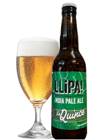 botella 33cl de cerveza de marca LA QUINCE - LLIPA! con copa, estilo American IPA
