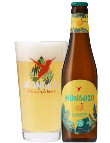 botella 33cl de cerveza de marca MONGOZO - BANANA (Platano) con copa, estilo Exotic Beer (Sin Gluten)
