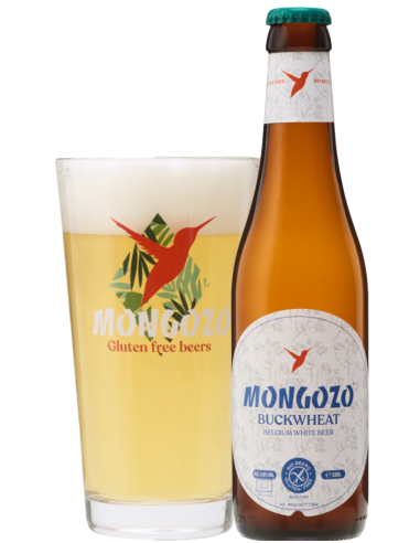 33cl bottle of beer brand MONGOZO - BUCKWHEAT with glass, Belgian White Beer style (Gluten Free)