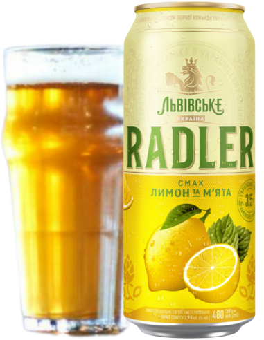 lata de 48cl de radler da marca LVIVSKE - RADLER LEMON & MINT com copo, estilo Radler