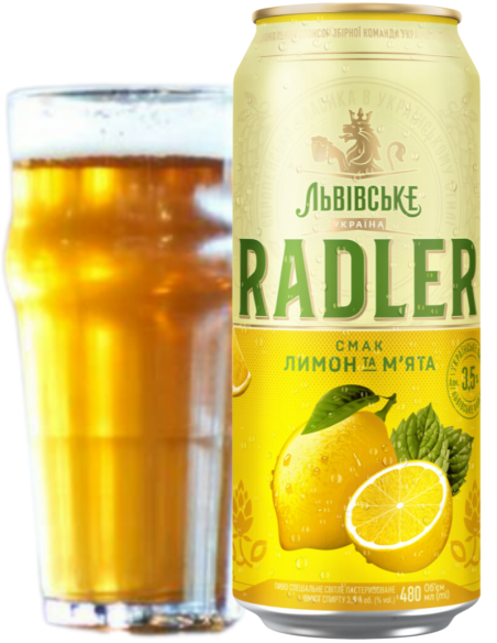 lata 48cl de radler de marca LVIVSKE - RADLER LIMON & MENTA con copa, estilo Radler