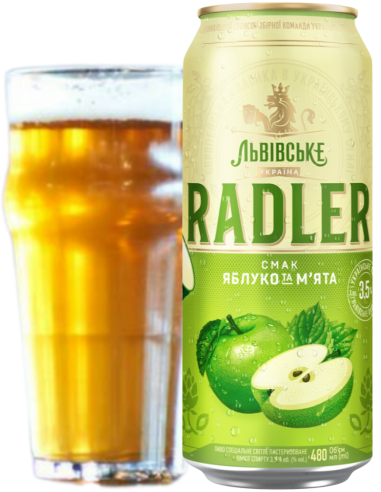 lata de cerveja de 48cl da marca LVIVSKE - RADLER APPLE & MINT com copo, estilo Radler