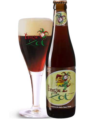 33cl bottle of beer brand BRUGSE ZOT - DUBBEL with glass, Belgian Dubbel style