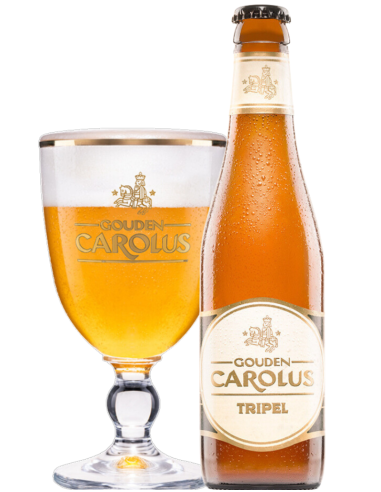 botella 33cl de cerveza de marca GOUDEN CAROLUS - TRIPLE con copa, estilo Belgian Triple
