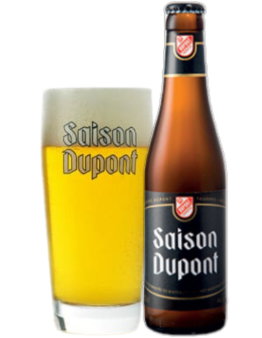 garrafa de 33cl de cerveja da marca DUPONT - SAISON DUPONT com copo, estilo Farmhouse Saison Ale