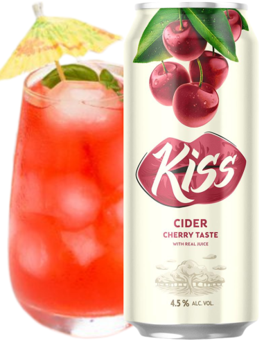 KISS CIDER lata de 50cl de sidra de marca - CHERRY TASTE ( Cereja ) com copo
