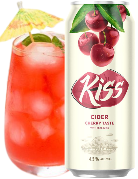 KISS CIDER lata de 50cl de sidra de marca - CHERRY TASTE ( Cereja ) com copo