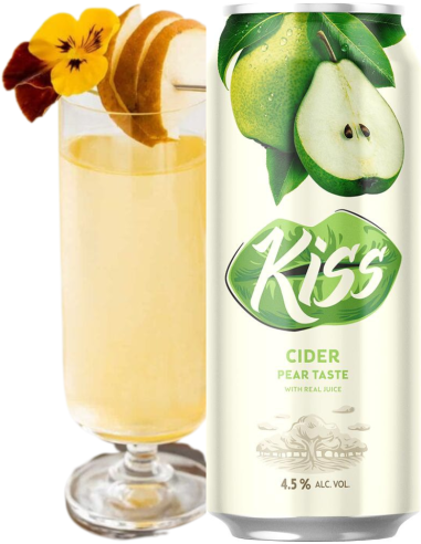 lata 50cl de cidra de marca KISS CIDER - PEAR TASTE ( Pera ) con copa