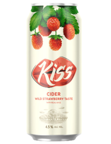 lata 50cl de cidra de marca KISS CIDER - WILD STRAWBERRY TASTE ( Fresa )