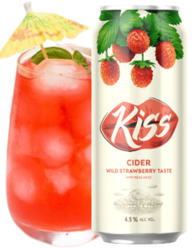 KISS CIDER lata de 50cl de sidra de marca - WILD STRAWBERRY TASTE ( Morango ) com copo