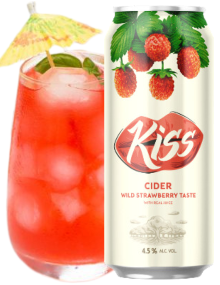KISS CIDER lata de 50cl de sidra de marca - WILD STRAWBERRY TASTE ( Morango ) com copo