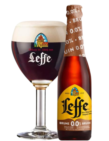 garrafa de 33cl de cerveja da marca LEFFE - 0'0 BRUNE com copo, estilo Belgian Dark Ale (Não Alcoólica)
