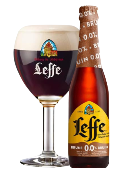 garrafa de 33cl de cerveja da marca LEFFE - 0'0 BRUNE com copo, estilo Belgian Dark Ale (Não Alcoólica)
