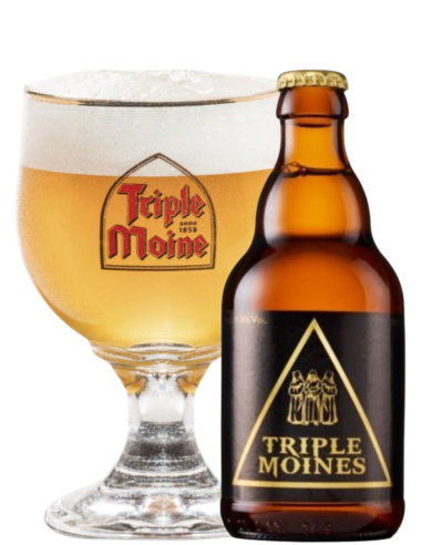 botella 33cl de cerveza de marca TRIPLE MOINE con copa, estilo Belgian Triple