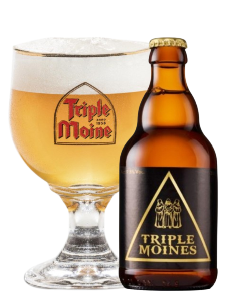 garrafa de 33cl de cerveja de marca TRIPLE MOINE com copo, estilo Triple belga