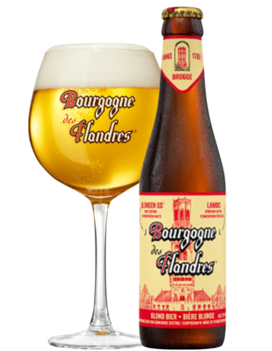 garrafa de 33cl de cerveja da marca BOURGOGNE DES FLANDRES - BLOND com copo, estilo Flanders Blond Ale