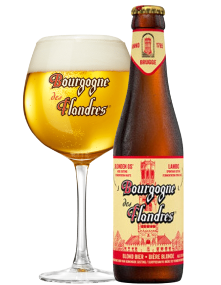 garrafa de 33cl de cerveja da marca BOURGOGNE DES FLANDRES - BLOND com copo, estilo Flanders Blond Ale