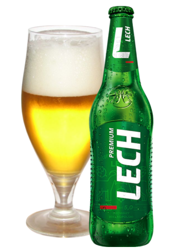 botella 33cl de cerveza de marca LECH - PREMIUM con copa, estilo European Pale Lager