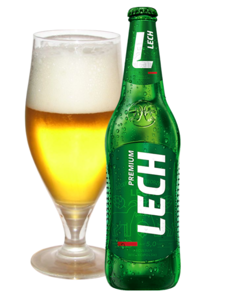 botella 33cl de cerveza de marca LECH - PREMIUM con copa, estilo European Pale Lager