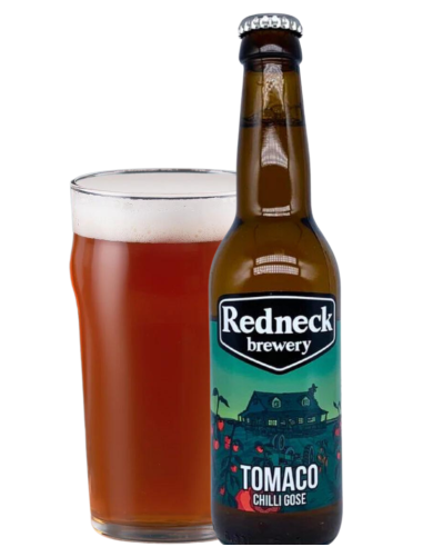 botella 33cl de cerveza de marca REDNECK - TOMACO con vaso, estilo Chilli Gose