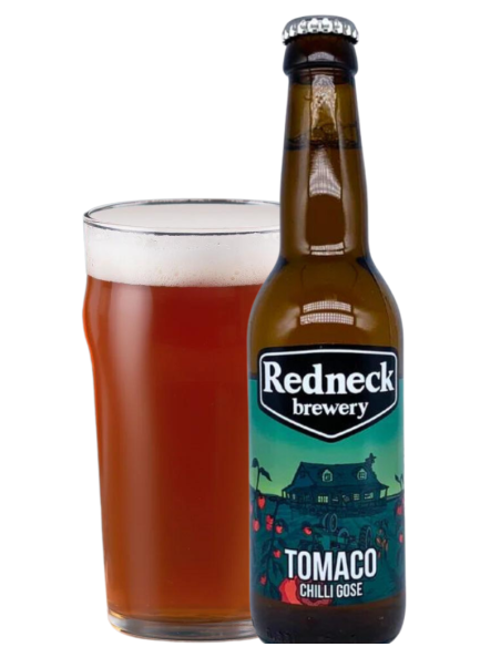 botella 33cl de cerveza de marca REDNECK - TOMACO con vaso, estilo Chilli Gose