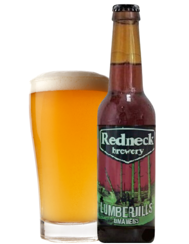 garrafa de 33cl de cerveja da marca REDNECK - LUMBERJILLS com copo, estilo Lima Weissbier