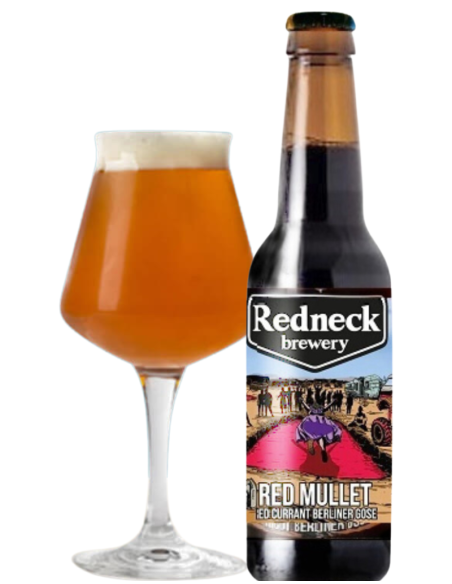 botella 33cl de cerveza de marca REDNECK - RED MULLET con copa, estilo Red Currant Berliner Gose