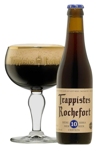botella 33cl de cerveza de marca ROCHEFORT - 10 TRAPPIST con copa, estilo Belgian Quadruple