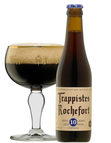 botella 33cl de cerveza de marca ROCHEFORT - 10 TRAPPIST con copa, estilo Belgian Quadruple