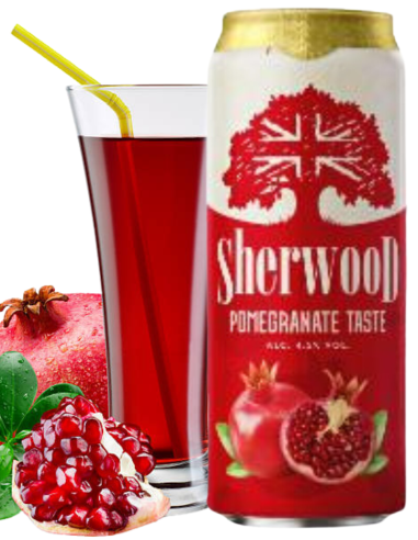 lata de 44cl de cerveja da marca SHERWOOD - POMEGRANATE TASTE (Romã) com copo, estilo Cerveja e Fruta