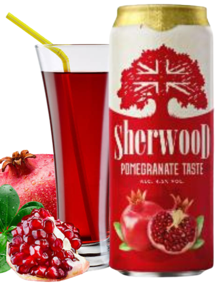 lata de 44cl de cerveja da marca SHERWOOD - POMEGRANATE TASTE (Romã) com copo, estilo Cerveja e Fruta