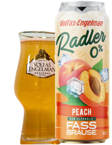 garrafa de 50cl de cerveja VOLFAS ENGELMAN - PEACH (PECHE) com copo, estilo Radler (Não alcoólica)