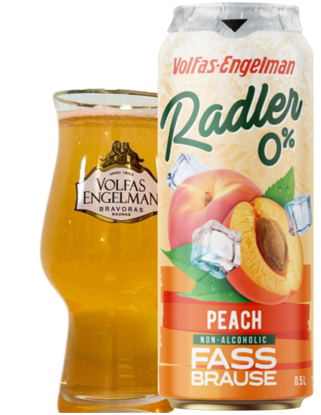 50cl bottle of VOLFAS ENGELMAN - PEACH (PECHE) beer with glass, Radler style (Non Alcoholic)