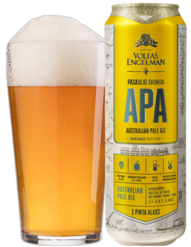 garrafa de 57cl de cerveja da marca VOLFAS ENGELMAN - AUSTRALIAN PALE ALE com copo, estilo American Pale Ale