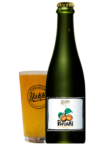 botella 37,5cl de cerveza de marca YAKKA - POPURRI ALBARICOQUE con vaso, estilo Blond Barrel Aged