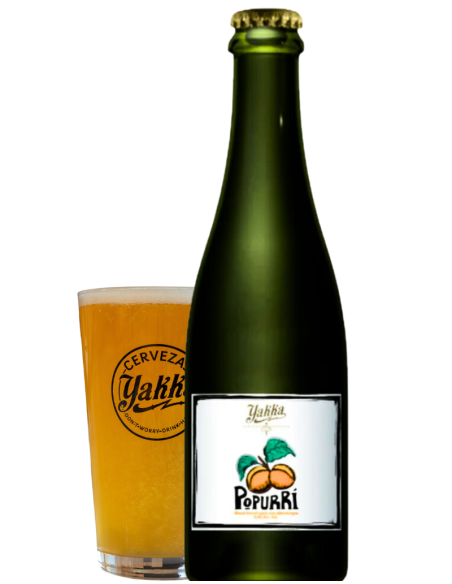 botella 37,5cl de cerveza de marca YAKKA - POPURRI ALBARICOQUE con vaso, estilo Blond Barrel Aged