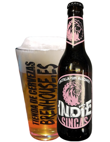 BREW INDIE garrafa de cerveja de 33cl, marca - CASTILLA SIN com copo, estilo Tostada Sin Álcool