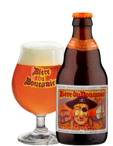 botella 33cl de cerveza de marca BOUCANIER - BIERE DU BOUCANIER con copa, stilo Red Ale