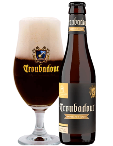 garrafa de 33cl de cerveja da marca TROUBADOUR - IMPERIAL STOUT com copo, estilo Imperial Stout