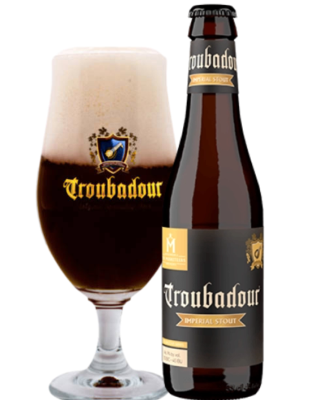 garrafa de 33cl de cerveja da marca TROUBADOUR - IMPERIAL STOUT com copo, estilo Imperial Stout