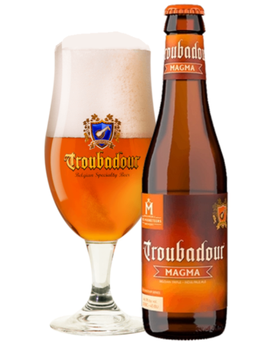 garrafa de 33cl de cerveja TROUBADOUR - marca MAGMA com copo, estilo IPA