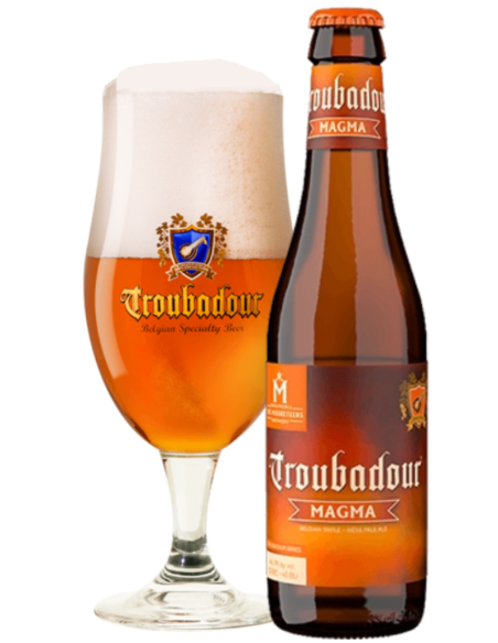 garrafa de 33cl de cerveja TROUBADOUR - marca MAGMA com copo, estilo IPA