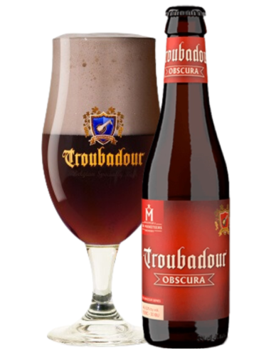 botella 33cl de cerveza de marca TROUBADOUR - OBSCURA con copa, estilo Belgian Strong Dark Ale