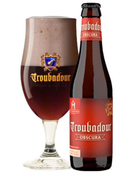 botella 33cl de cerveza de marca TROUBADOUR - OBSCURA con copa, estilo Belgian Strong Dark Ale
