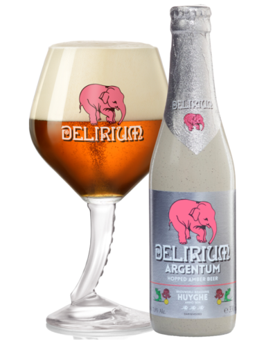 garrafa de 33cl de cerveja de marca DELIRIUM - ARGENTUM com copo, estilo Hopped Amber IPA
